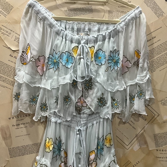 Free People Fillyboo Sweet Pea Tambourine Maxi Dress Off The Shoulder Gray Blue - Picture 6 of 6